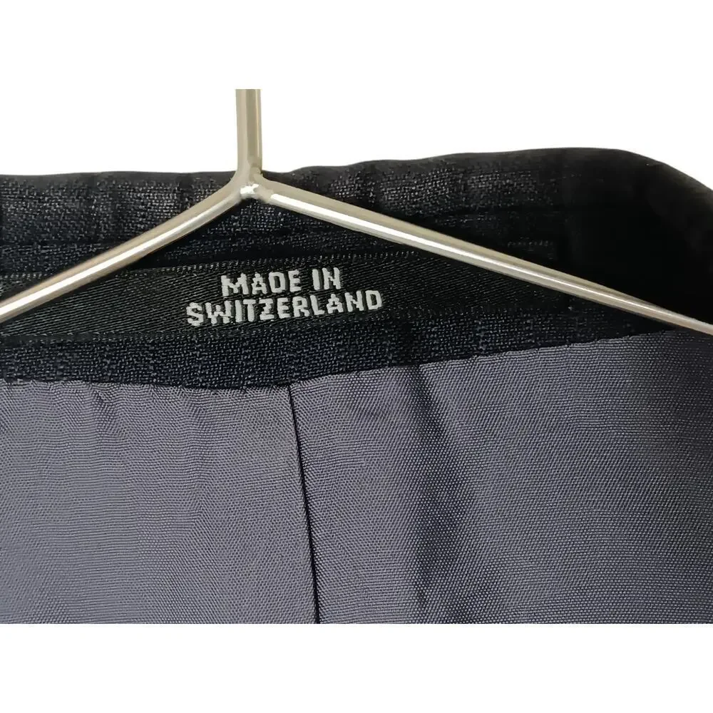 Cecil Gee Navy Blue Blazer Jacket 48 Made in Switzerland Viscose Pinstripe Hole